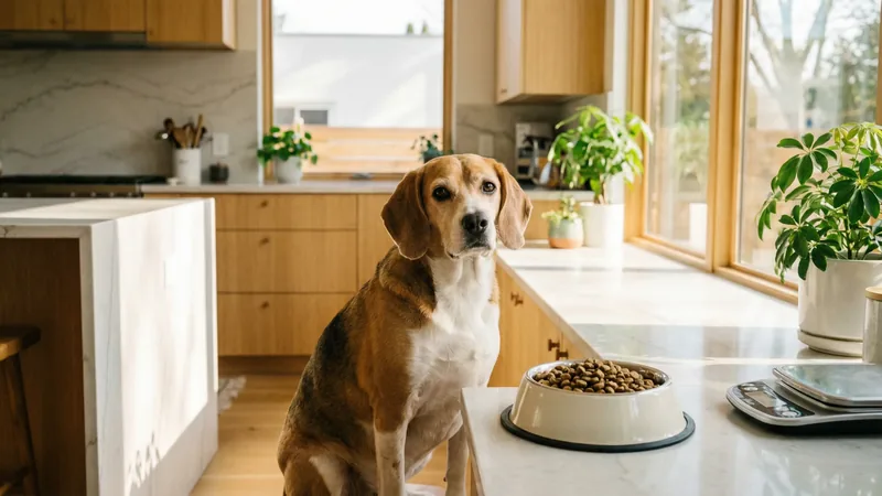 Chien de taille moyenne devant sa gamelle de croquettes dans une cuisine lumineuse et chaleureuse