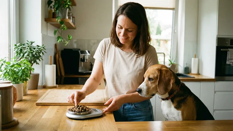 Propriétaire pesant des croquettes pour son chien stérilisé en surpoids sur une balance de cuisine