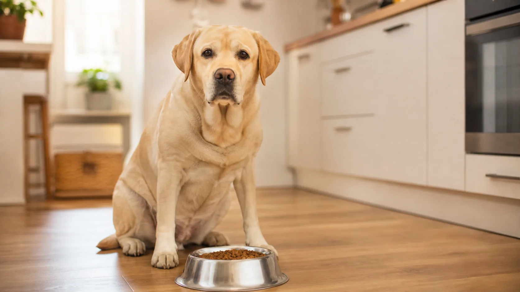 labrador beige adulte devant gamelle cuisine lumineuse chien stérilisé alimentation