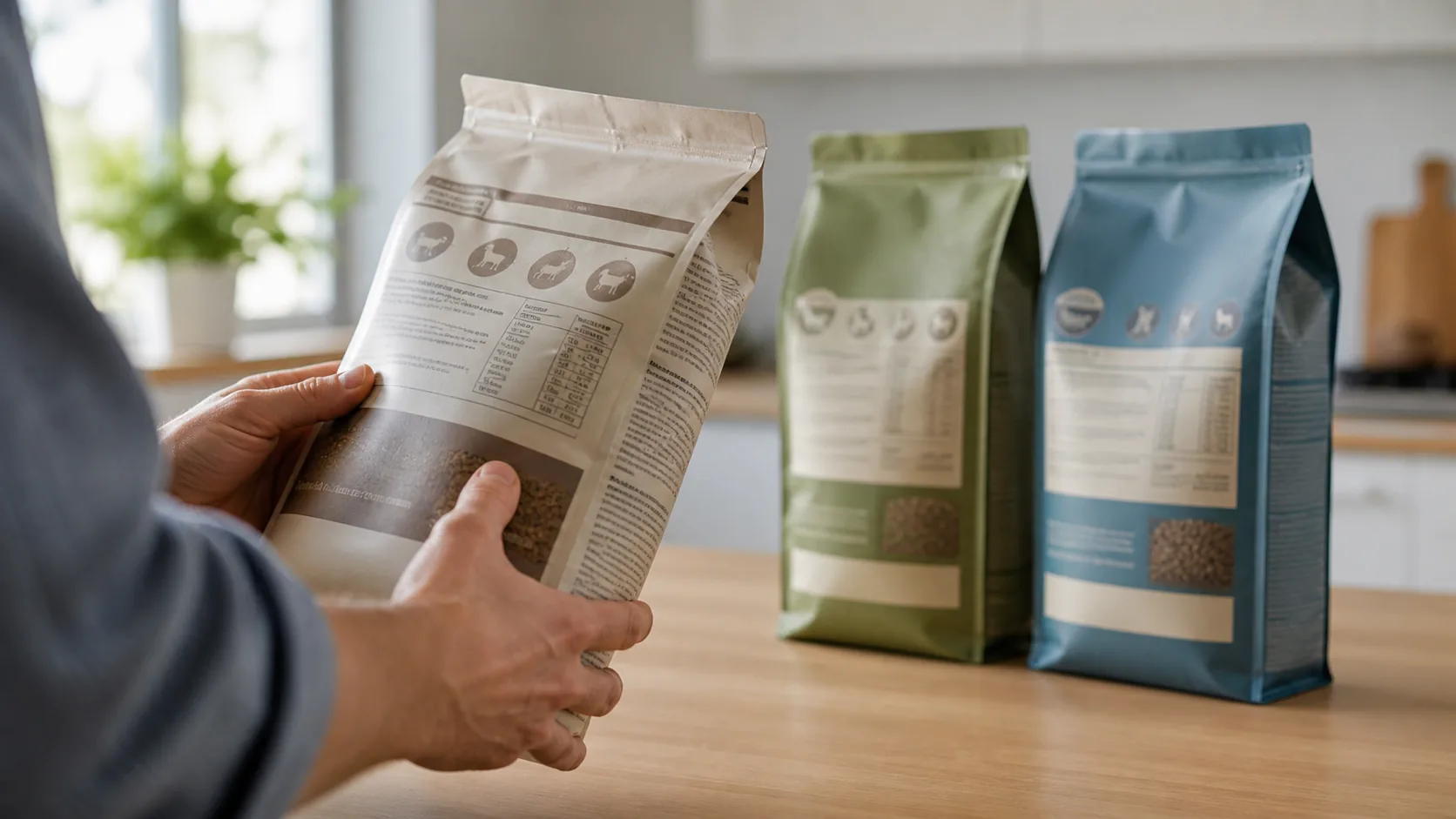 main qui examine étiquette nutritionnelle sac croquettes chien surpoids comparatif