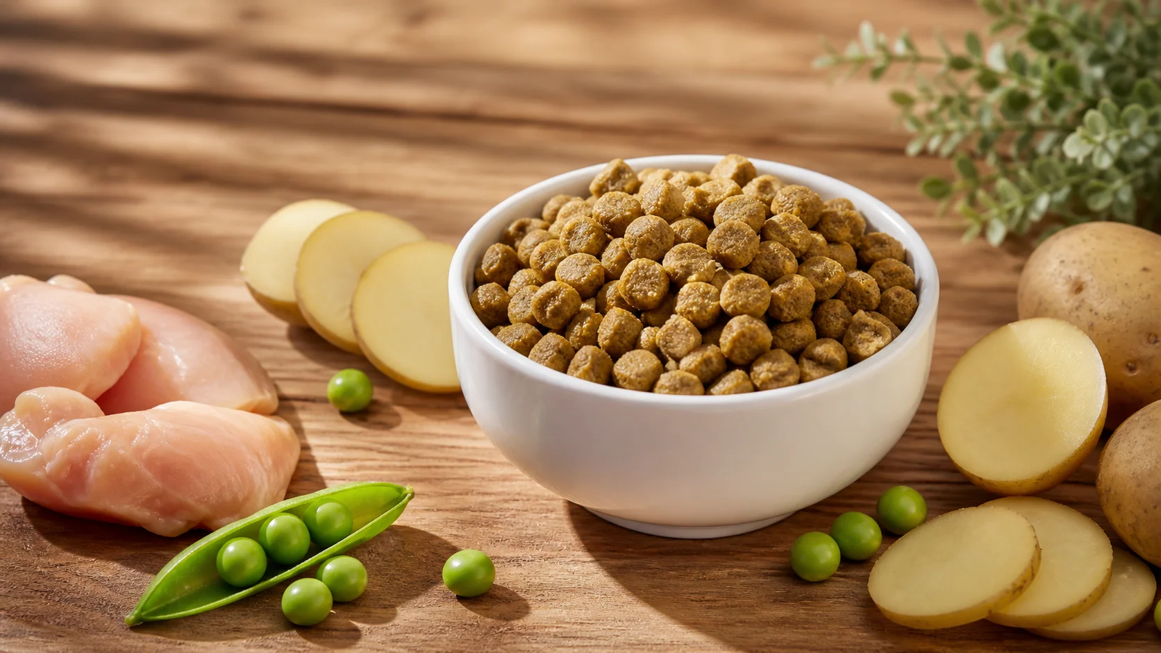 Bol de croquettes pour chien sans céréales avec légumes naturels sur surface épurée alimentation saine