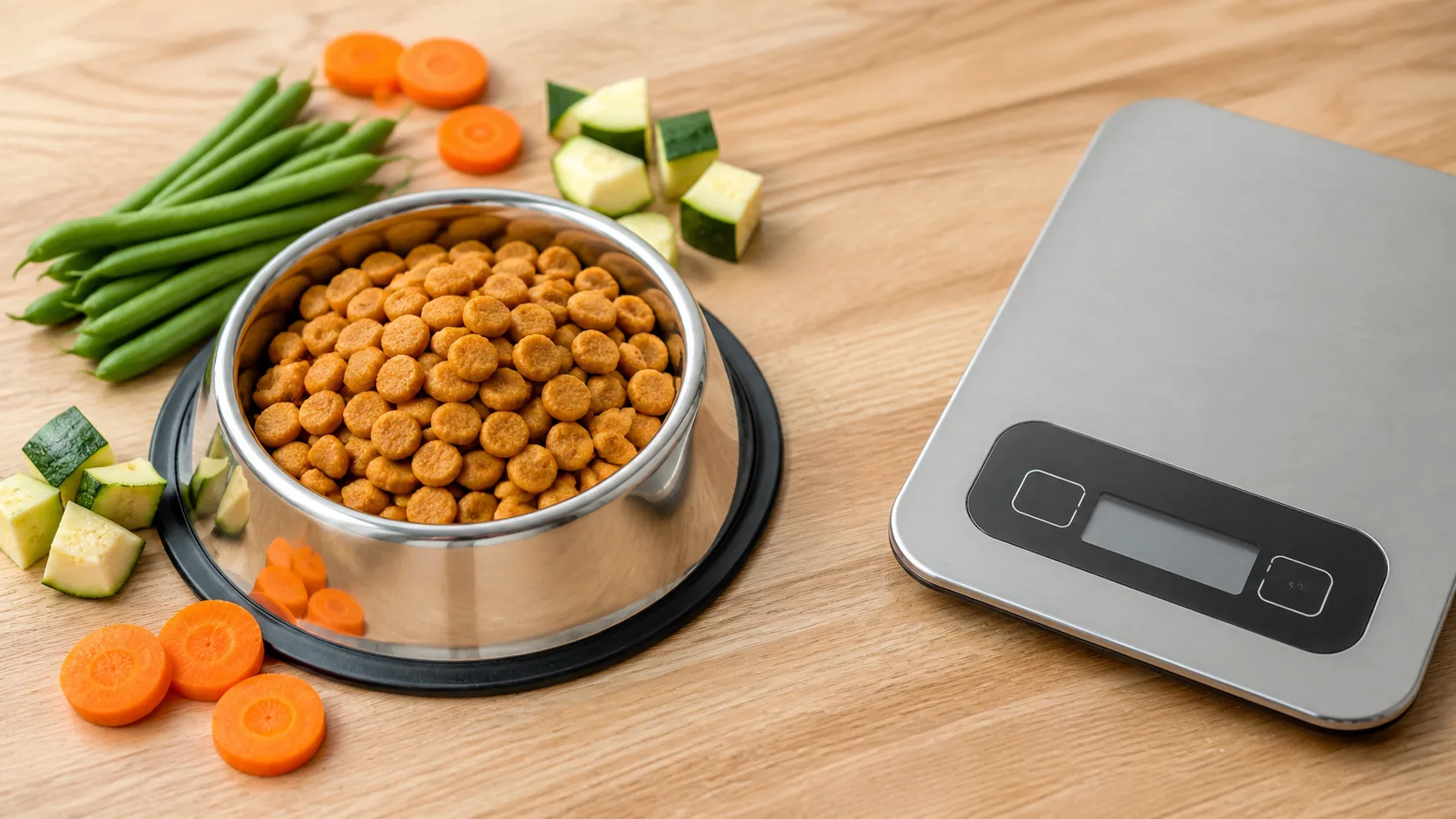 gamelle inox croquettes chien légumes frais haricots verts carottes balance cuisine