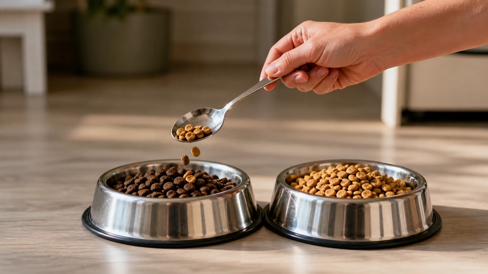 deux gamelles croquettes chien transition alimentaire ancienne nouvelle nourriture