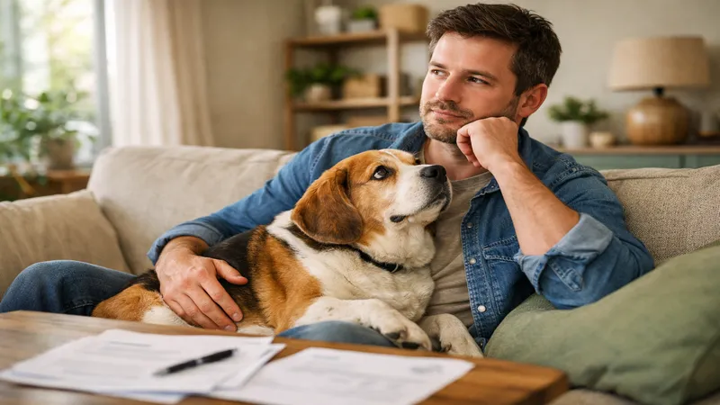 propriétaire inquiet tenant chien en surpoids canapé documents assurance facture vétérinaire