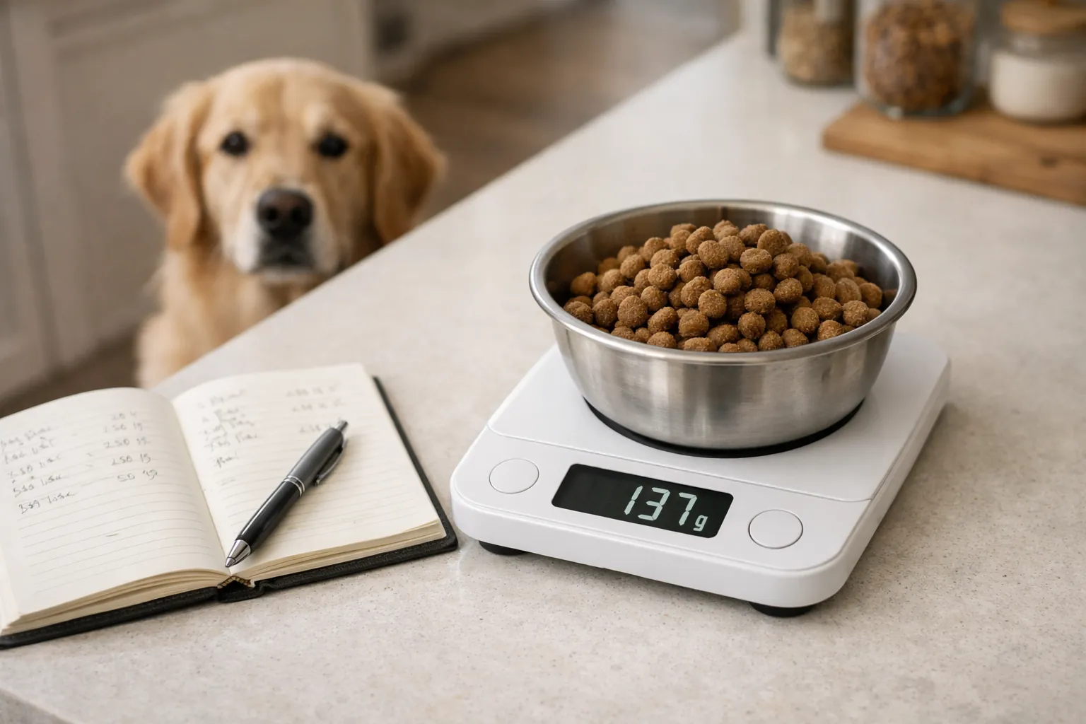 Balance de cuisine numérique avec bol de croquettes, carnet de notes, golden retriever attendant en arrière-plan — calcul ration journalière chien obèse