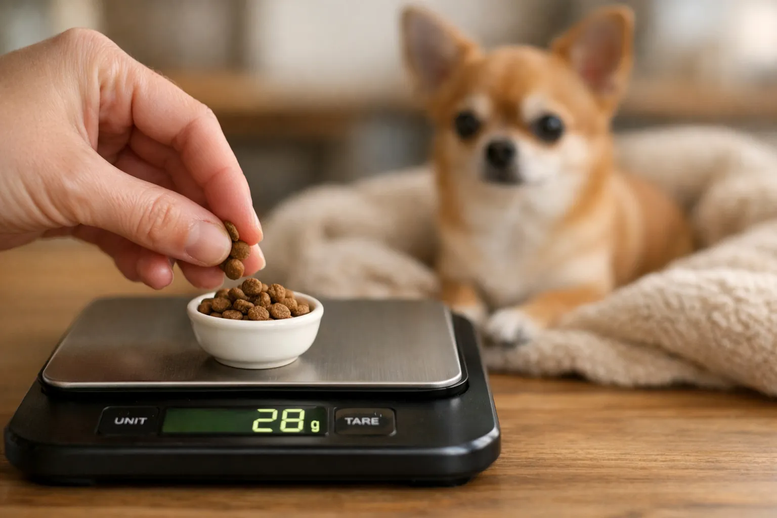 Balance de cuisine numérique avec petit bol de croquettes, chihuahua fauve assis sur couverture beige en arrière-plan