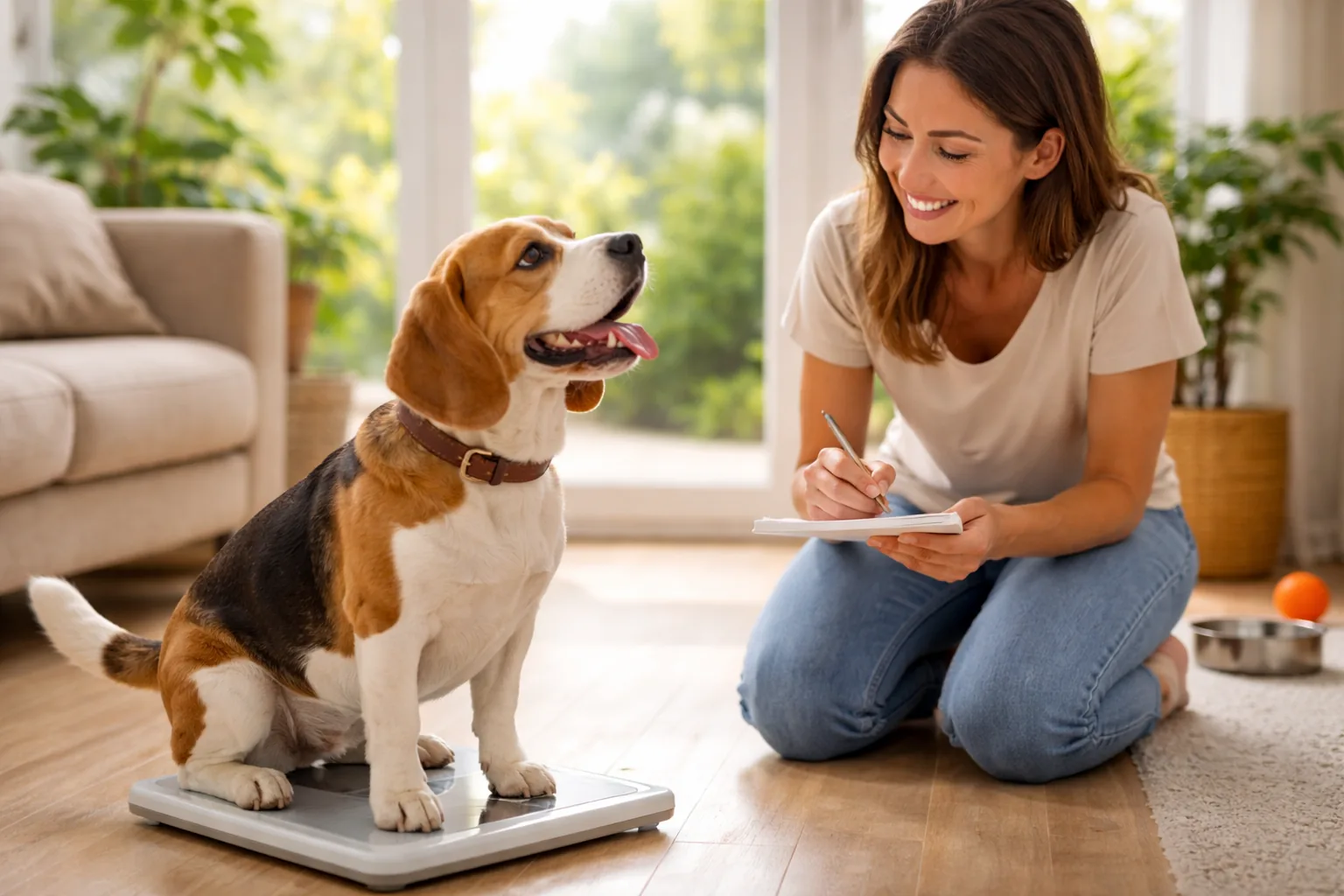 beagle actif jouant balance poids positive ambiance