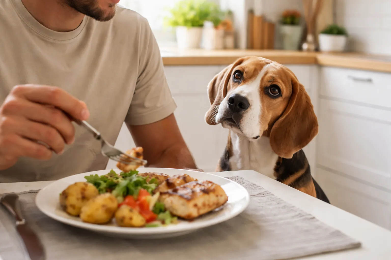 beagle regarde propriétaire mange quémande regard irrésistible