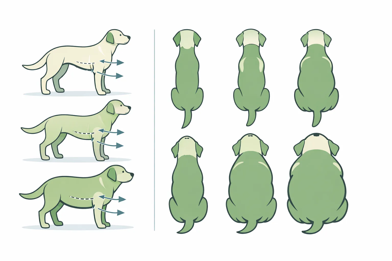 Infographie explicative du Body Condition Score sur un chien vu de dessus et de profil