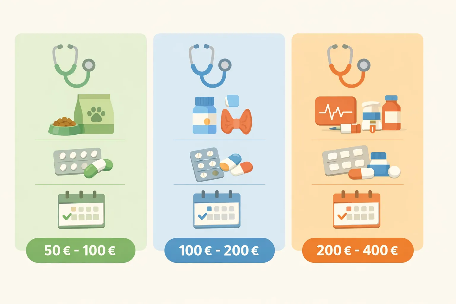 Infographie trois scénarios budget prise en charge chien obèse — palette pastel verte bleue orange, style flat design épuré