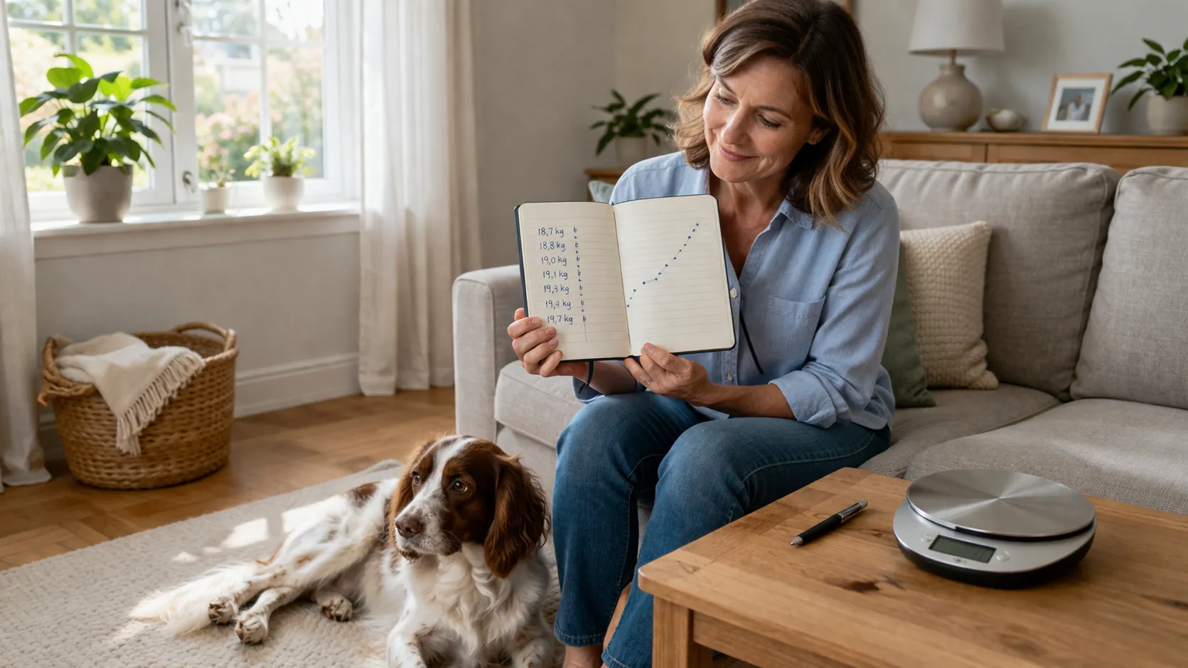 Propriétaire tenant un carnet de suivi avec notes de pesée hebdomadaire, chien assis à côté, ambiance organisée et motivante