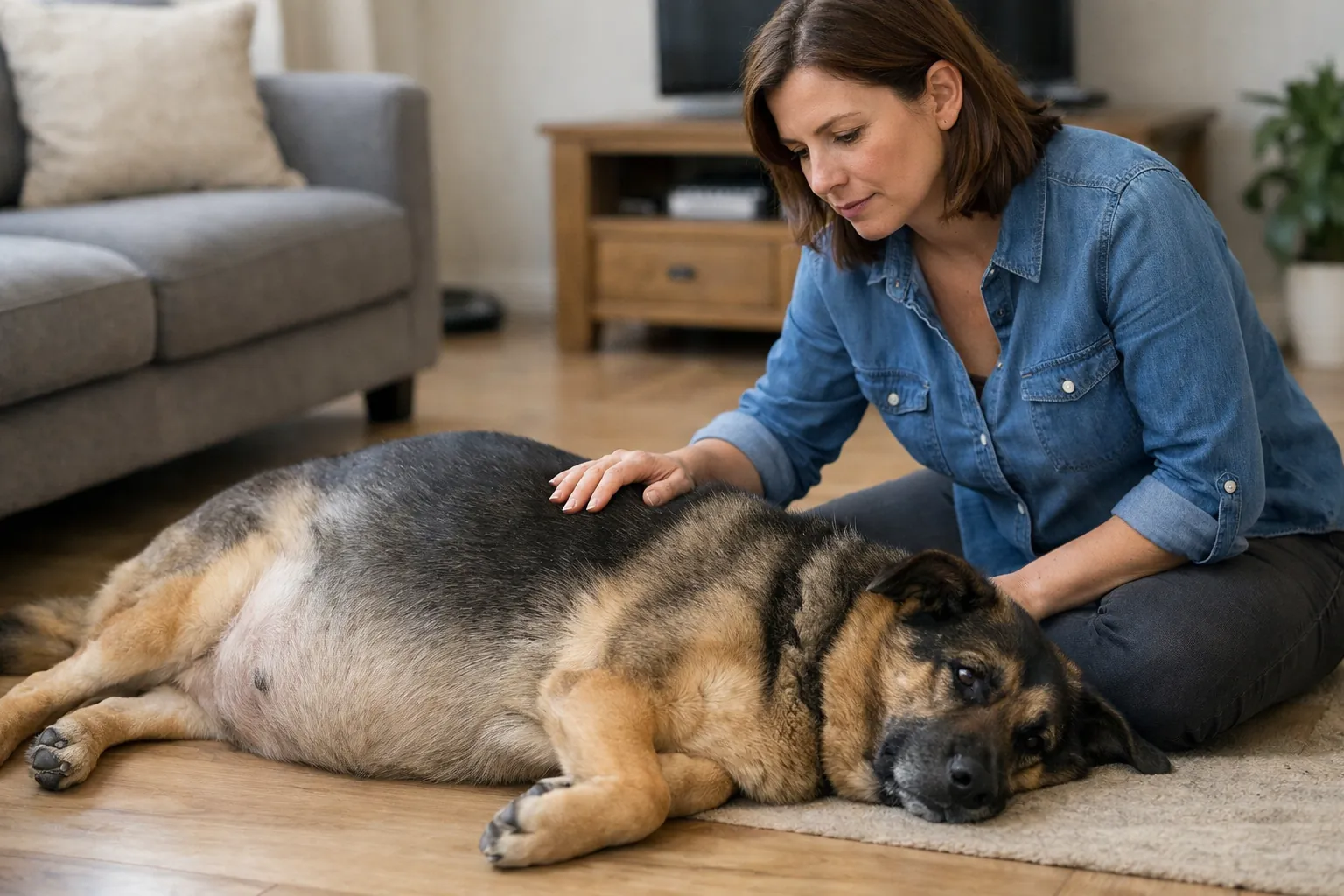 Chien abdomen distendu allongé au sol, propriétaire inquiète à genoux à côté, ambiance salon sobre et réaliste
