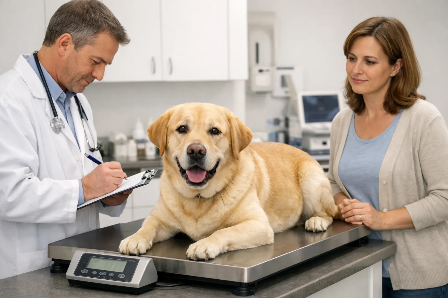 chien labrador sur balance vétérinaire propriétaire inquiet consultation