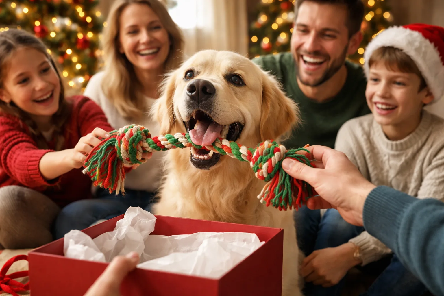 chien reçoit cadeau Noël jouet non-alimentaire heureux famille