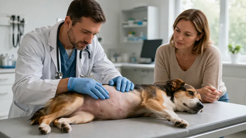 vétérinaire palpant doucement ventre gonflé chien syndrome Cushing examen