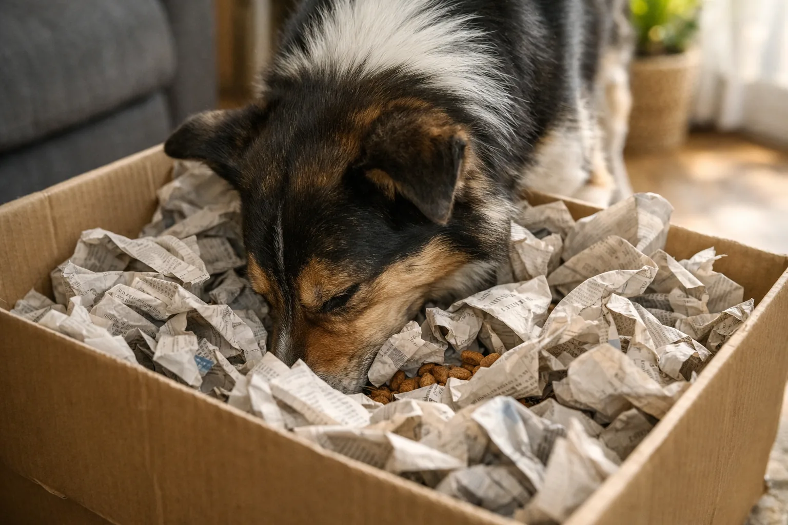 chien explore boîte carton fouille olfaction jeu de flair