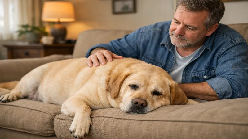 chien en surpoids léthargique sur canapé hypothyroïdie propriétaire préoccupé