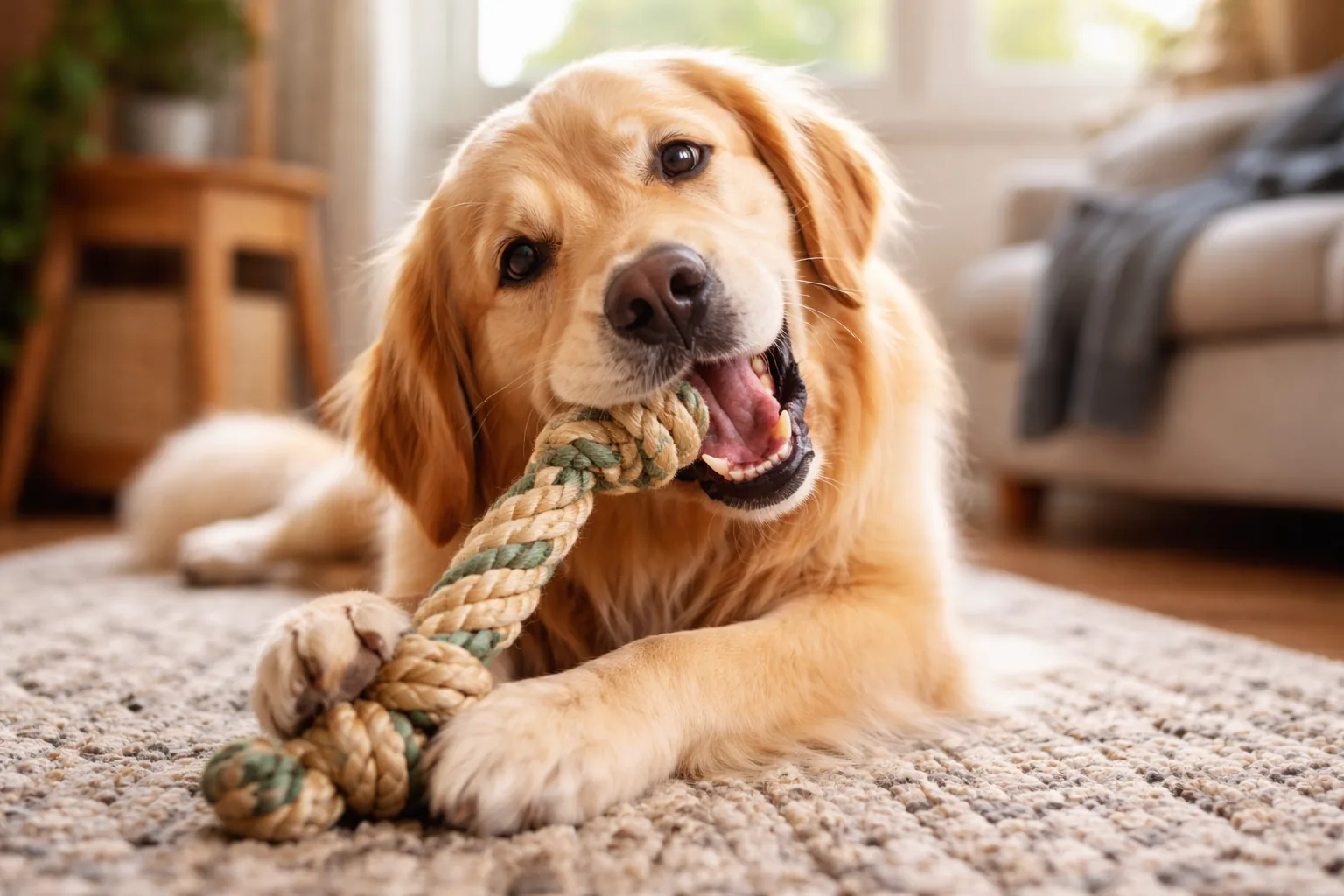 chien heureux mâche jouet longue durée occupation bien-être
