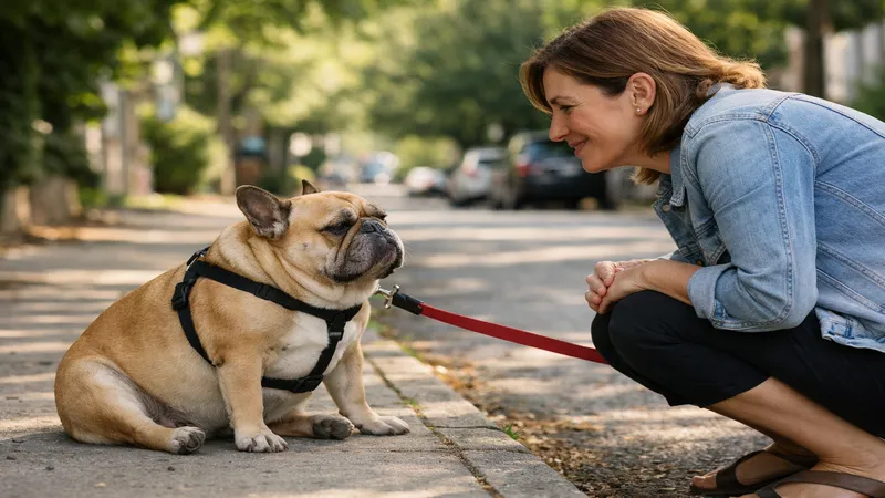 chien obèse assis sur le trottoir refusant d'avancer propriétaire patiente accroupie