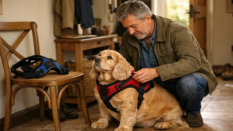 propriétaire ajustant un harnais rouge sur son chien en surpoids dans l'entrée de la maison
