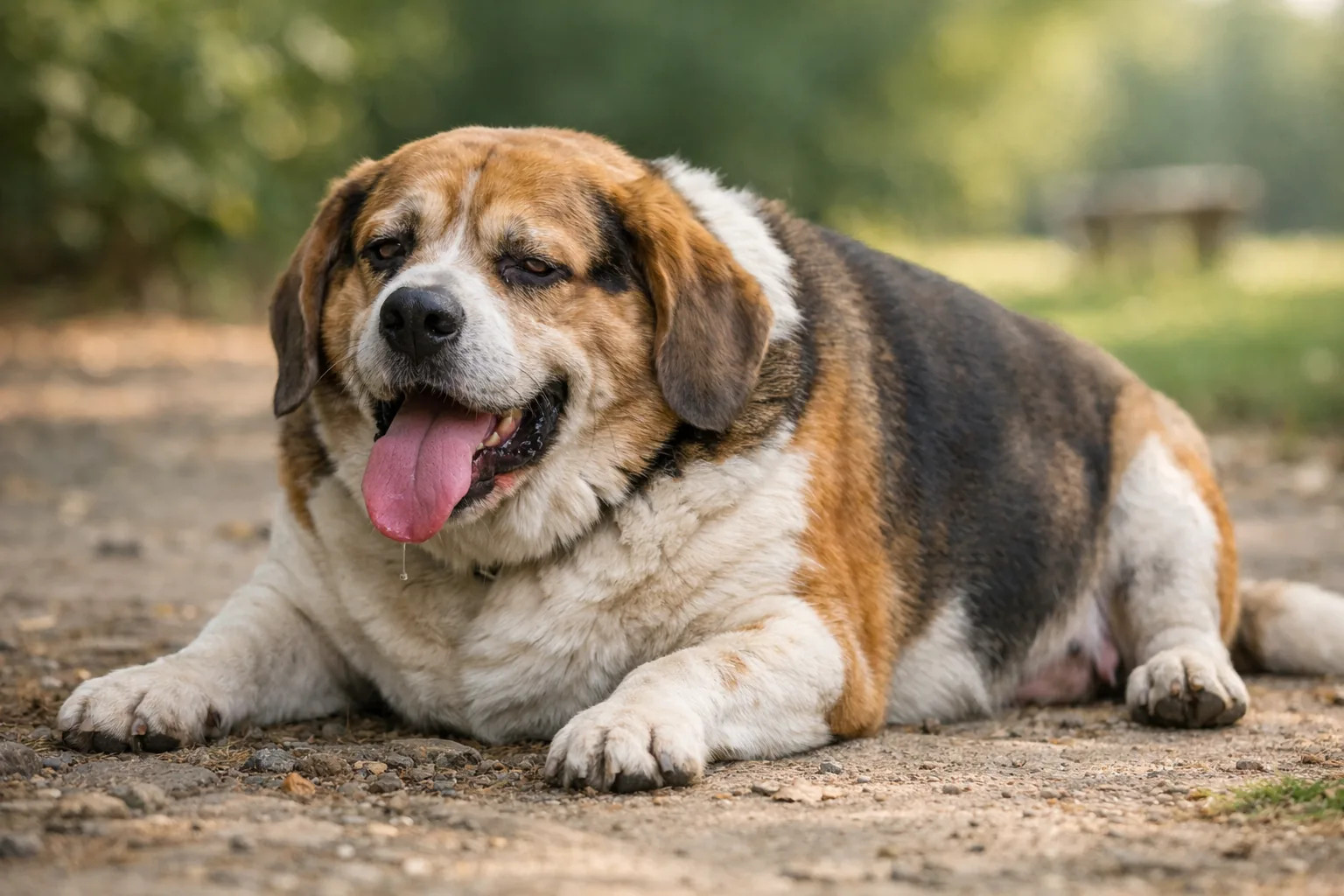 chien obèse essoufflé halète après courte activité effort