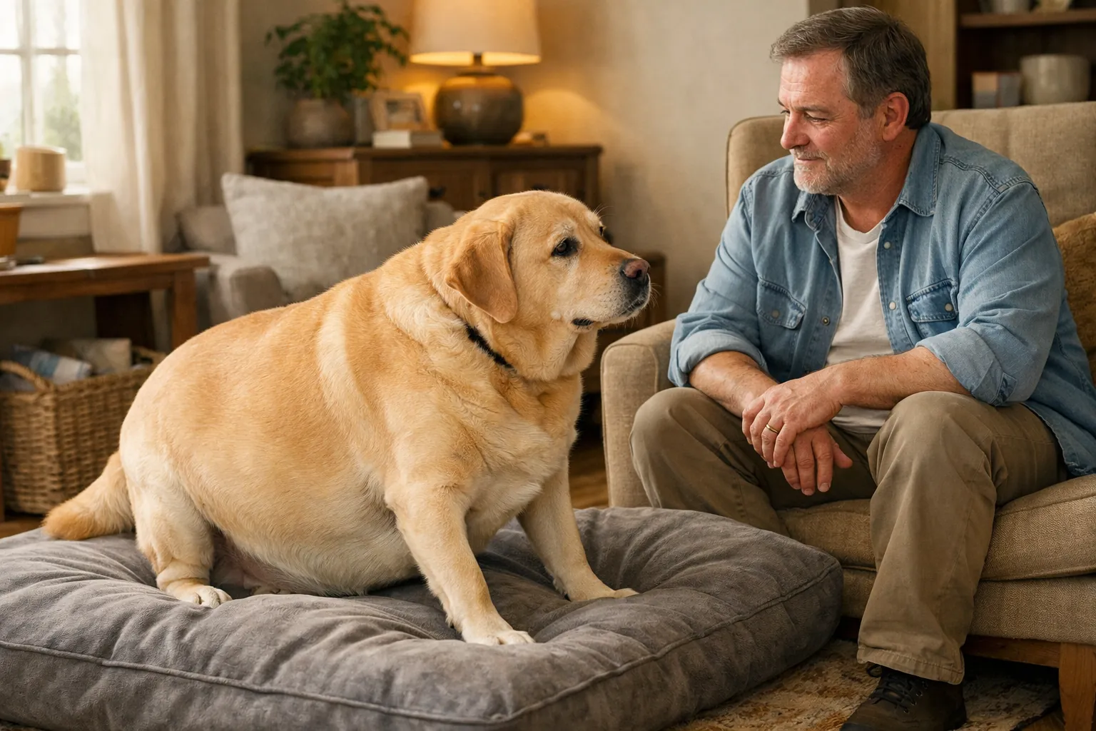 Chien en surpoids qui se lève lentement depuis son coussin dans un salon, regard vers son propriétaire