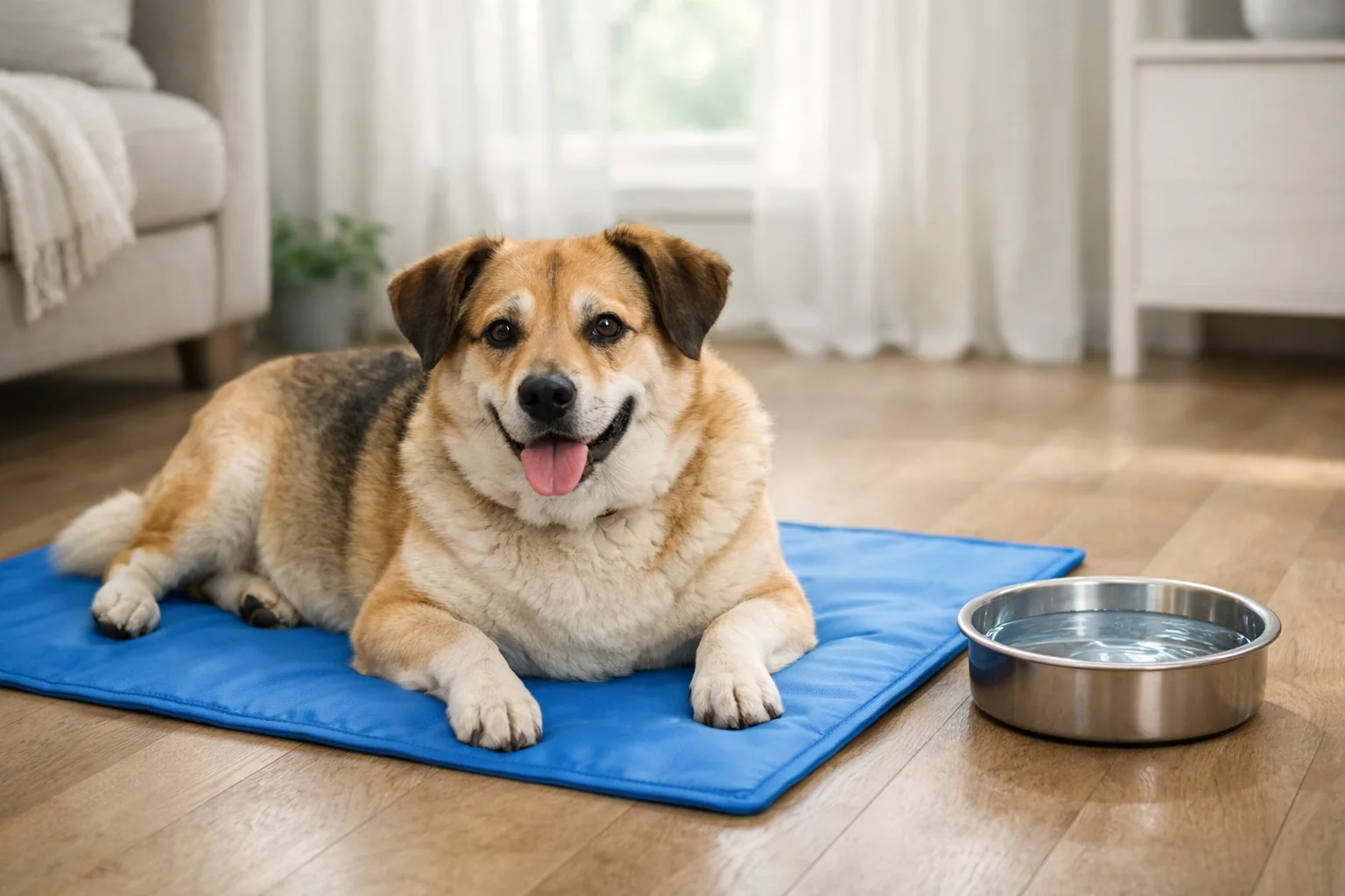 chien en surpoids sur tapis rafraîchissant en intérieur l'été
