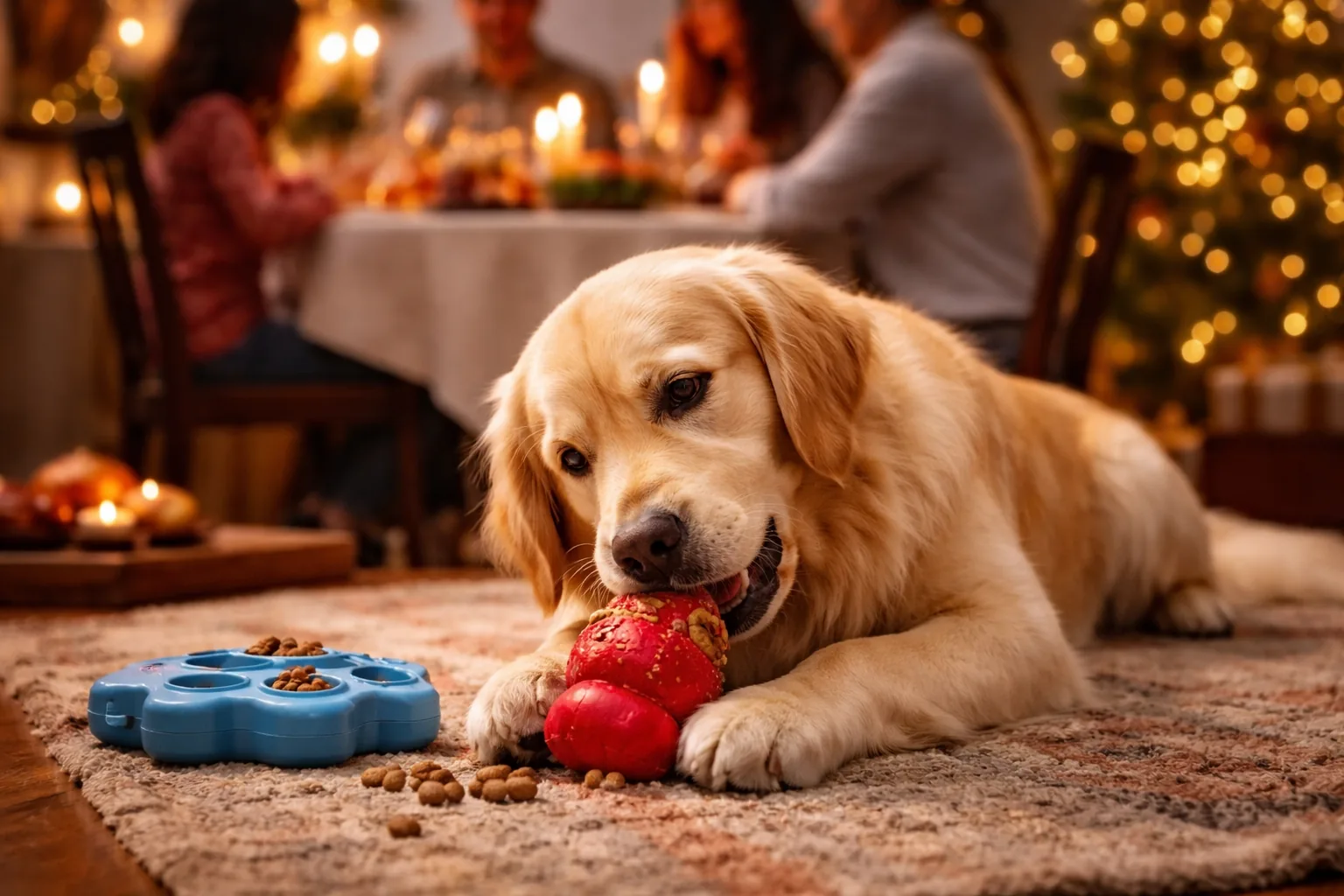 chien occupé jouet kong puzzle pendant repas famille fêtes Noël