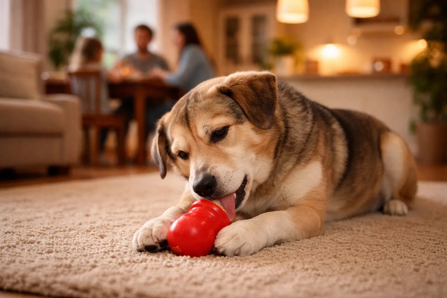 chien au régime occupé avec jouet Kong pendant repas humain
