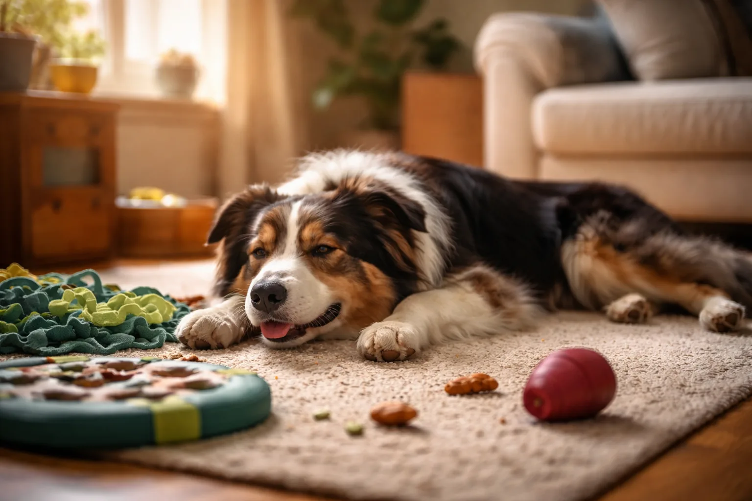 chien relaxé reposé après fouille enrichissement mental fatigué satisfait