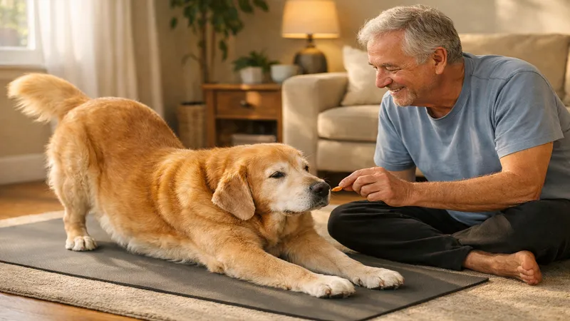chien senior en surpoids faisant un étirement doux sur tapis de yoga salon chaleureux