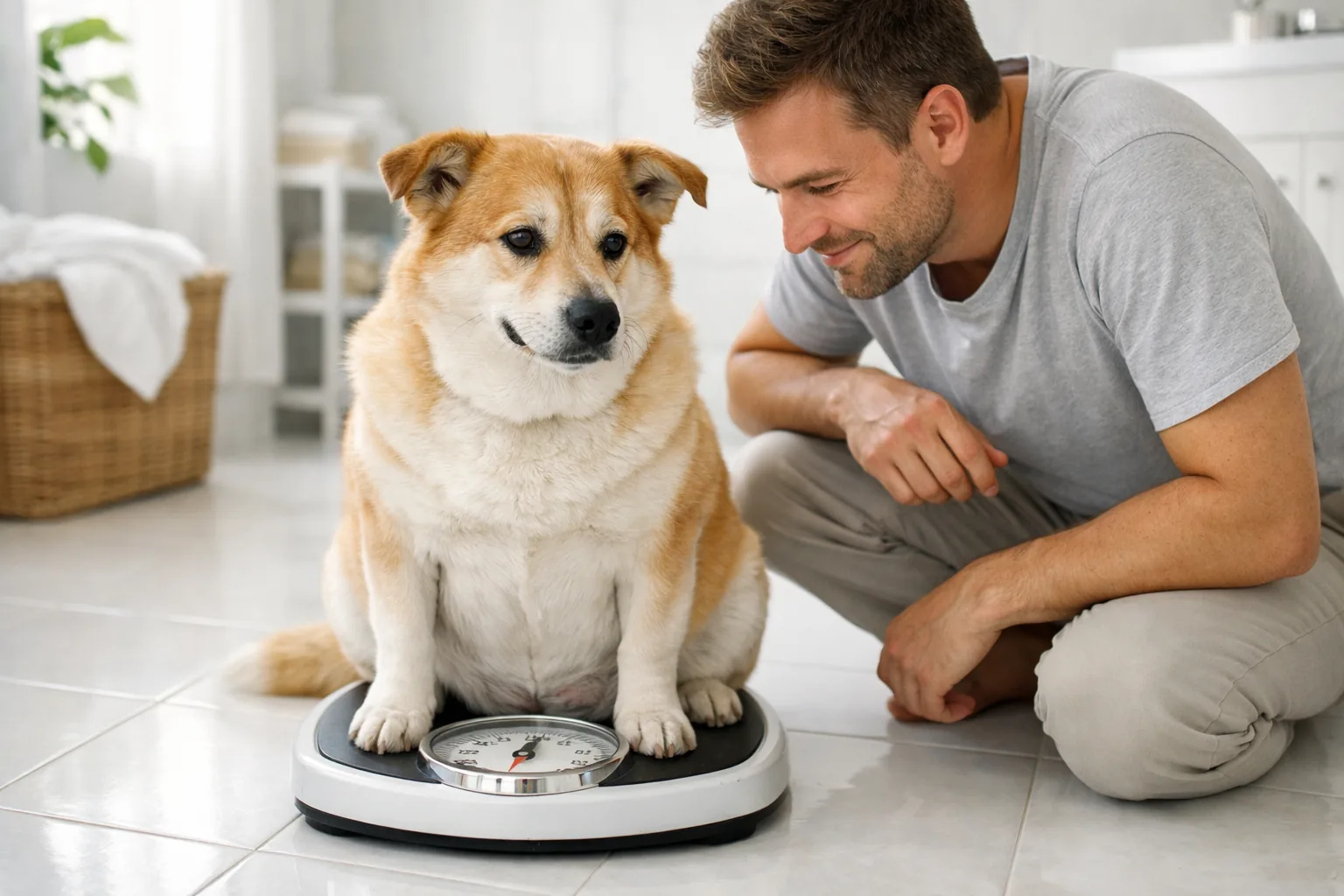 chien surpoids posé balance pesée propriétaire expression satisfaite