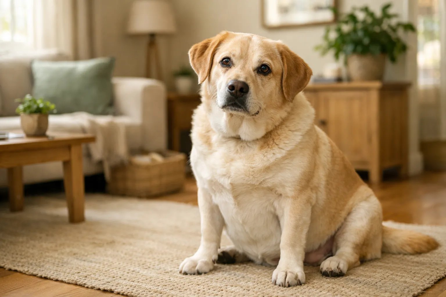 chien en surpoids assis calmement dans un environnement lumineux et chaleureux