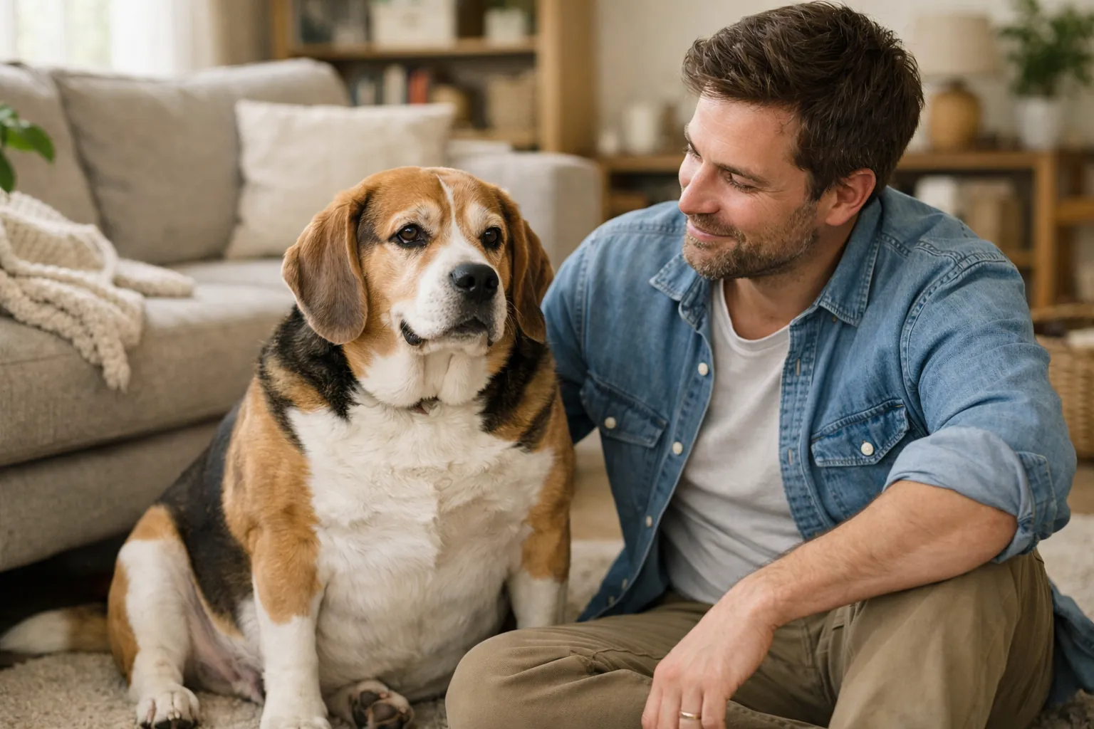 Chien de taille moyenne en léger surpoids aux côtés de son propriétaire, dans un salon lumineux