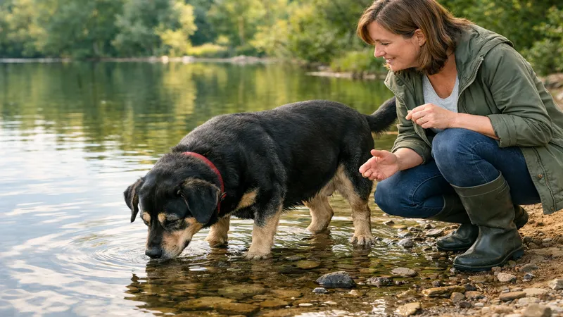 chien en surpoids découvrant l'eau calme d'un lac accompagné de sa propriétaire