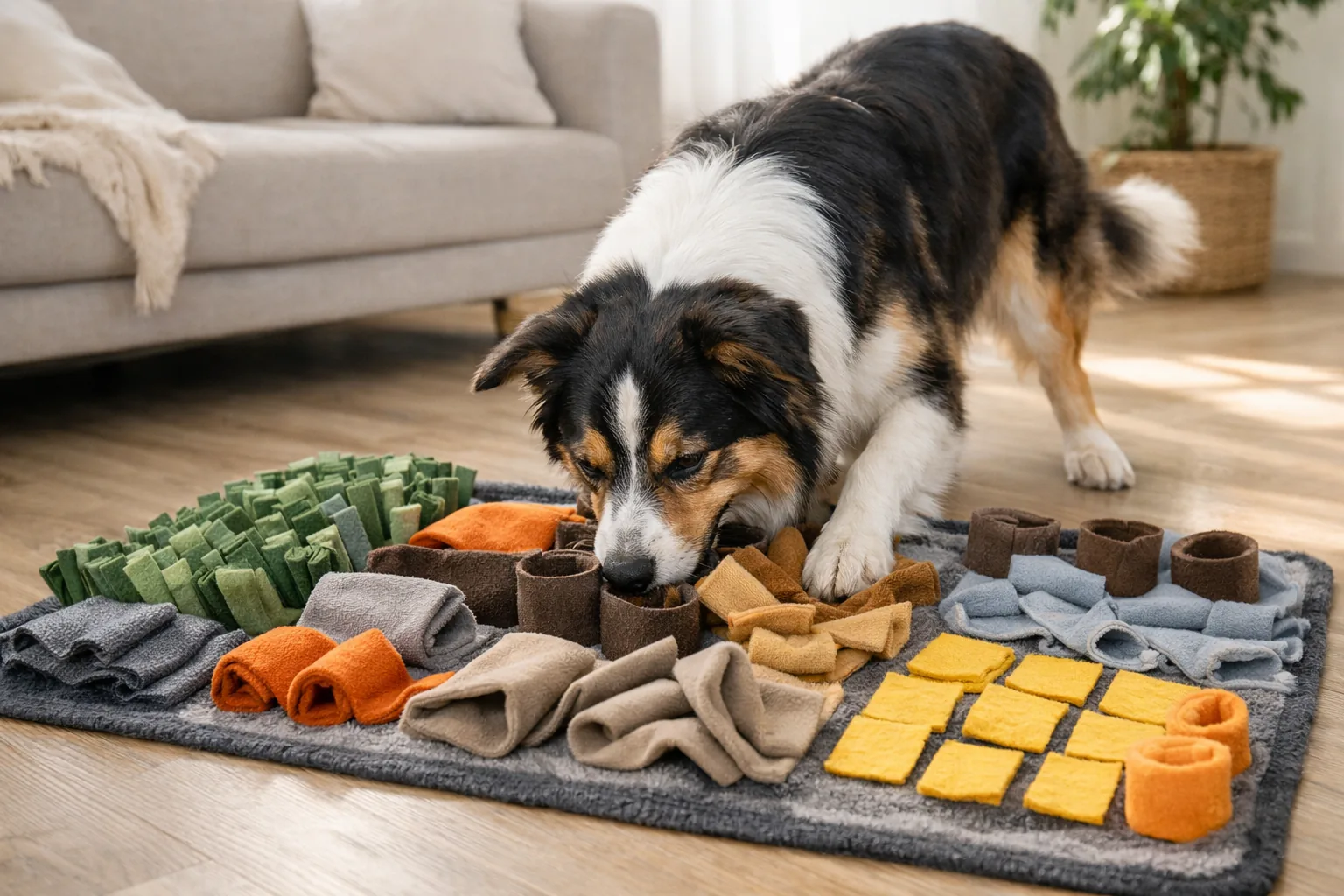 chien fouille tapis occupation enrichissement croquettes cachées