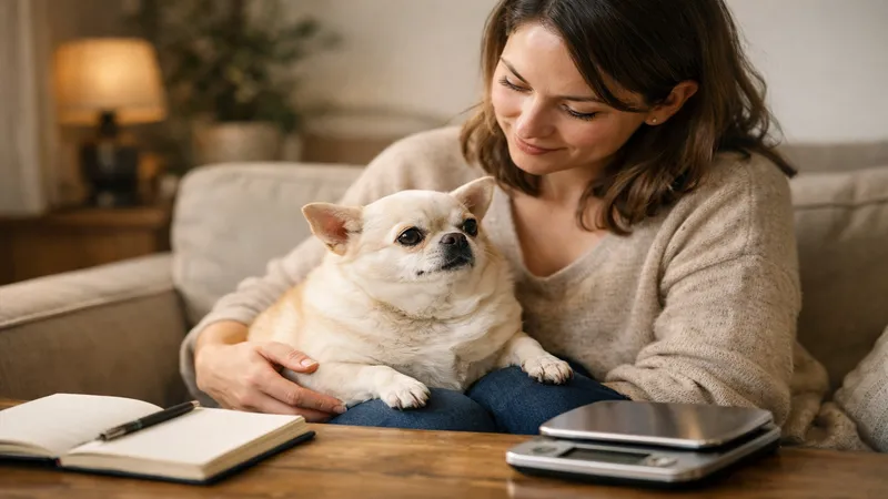 chihuahua en surpoids sur les genoux de sa propriétaire régime bienveillant suivi poids