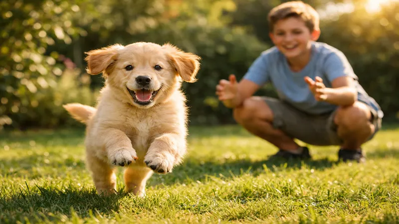 chiot golden retriever jouant dans un jardin ensoleillé prévention surpoids propriétaire