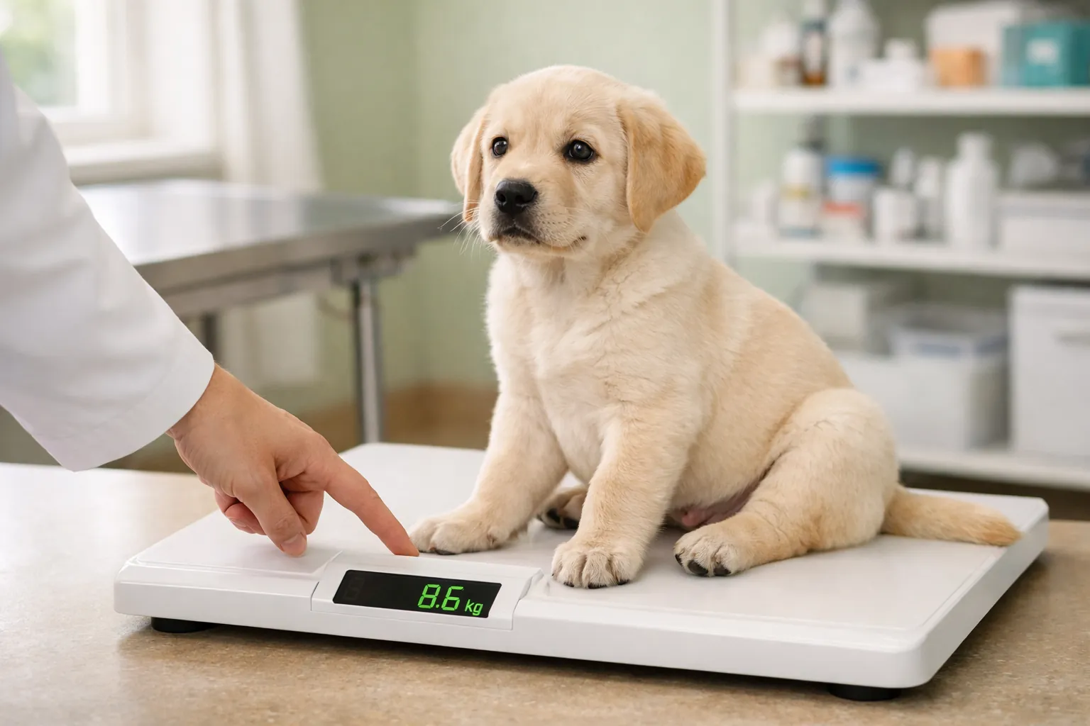 Chiot labrador beige sur balance vétérinaire numérique, main de vétérinaire visible, ambiance cabinet lumineux et bienveillant