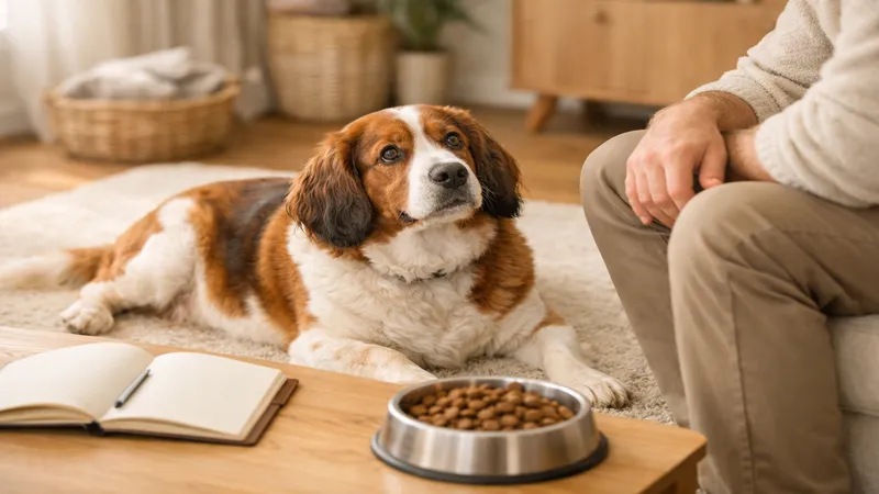 chien en surpoids allongé salon regard doux propriétaire carnet vétérinaire santé