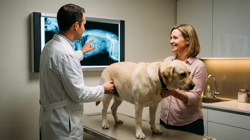 Vétérinaire examinant un chien en surpoids avec son propriétaire lors d'une consultation nutrition