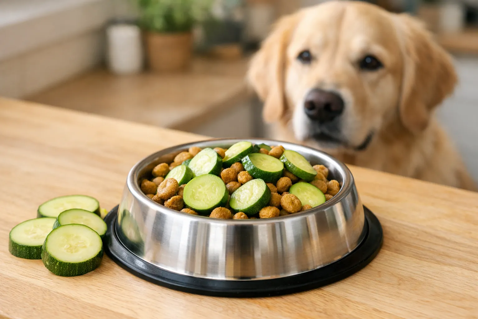 Gamelle en inox avec mélange de croquettes et rondelles de courgette vapeur, golden retriever en arrière-plan, plan de travail bois clair