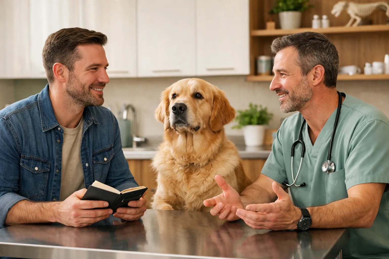 Propriétaire discutant avec son vétérinaire, un carnet ouvert à la main, avec un chien assis calmement à leurs pieds. Ambiance de dialogue confiant et collaboratif, cabinet lumineux.