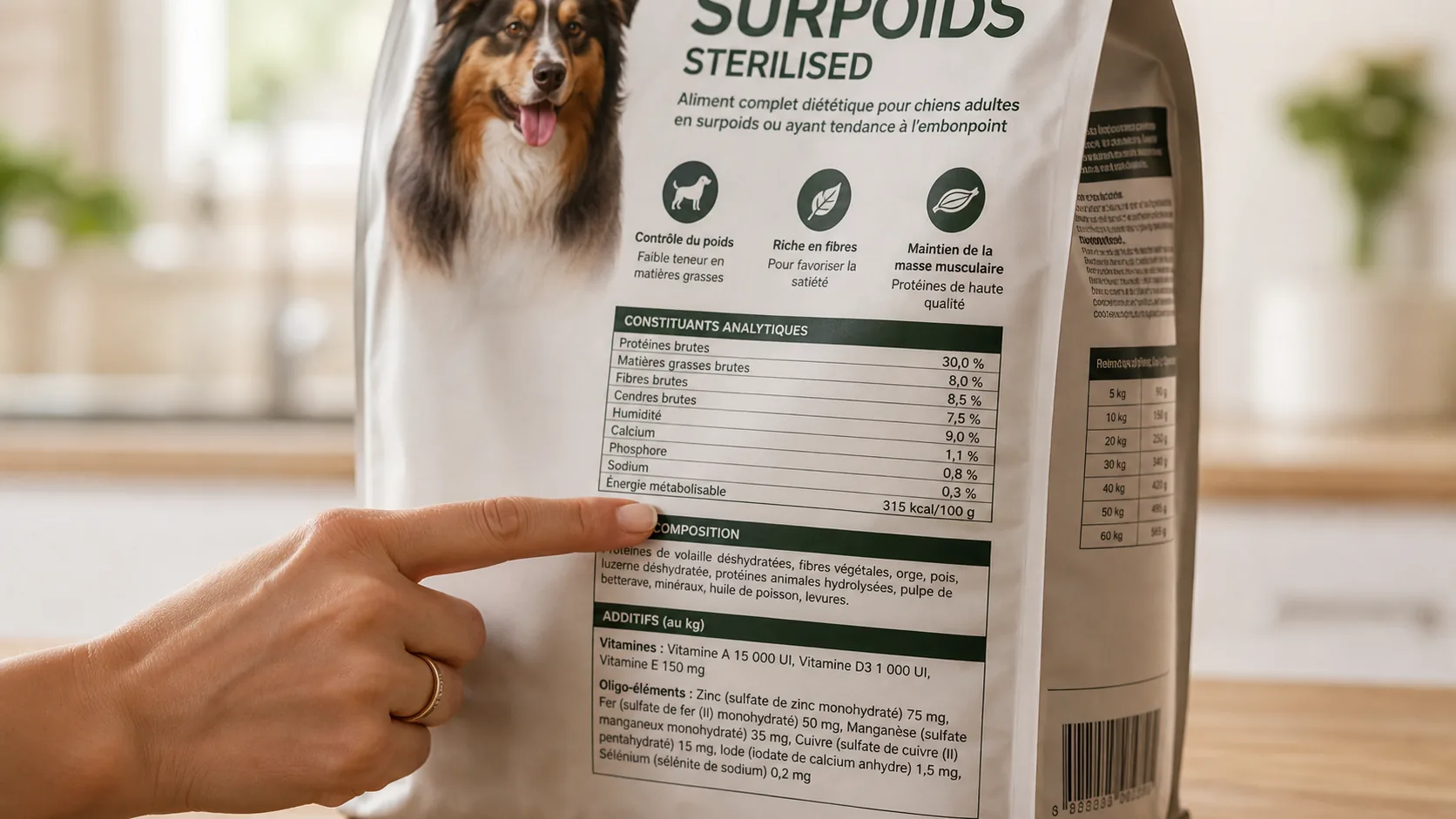 Gros plan sur la face arrière d'un sac de croquettes pour chien, main d'un propriétaire pointant la ligne « énergie métabolisable kcal/100g »