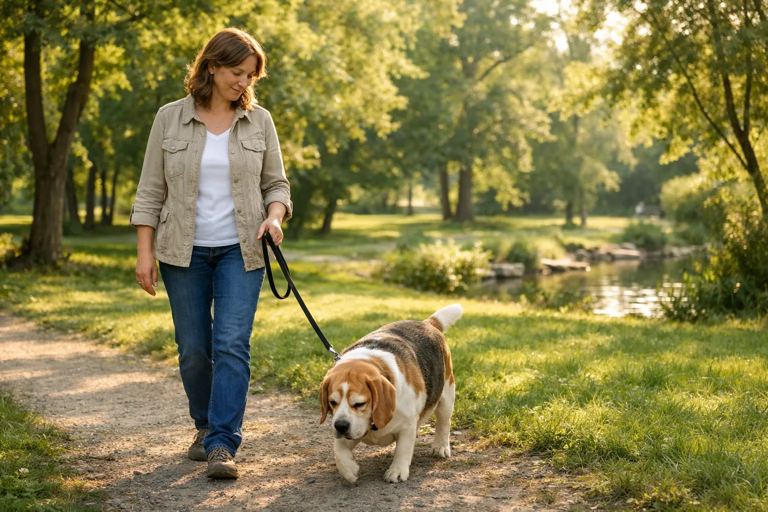 Propriétaire observant son chien de taille moyenne lors d'une promenade calme dans un parc, évaluant son niveau de forme