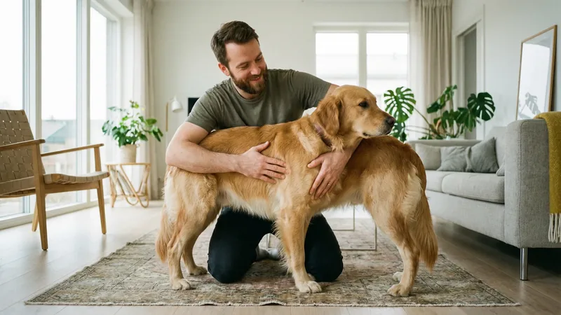 Propriétaire évaluant le score corporel BCS de son chien par palpation des côtes