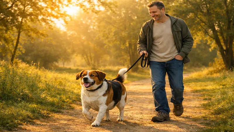 chien en surpoids en promenade douce dans un parc le matin propriétaire souriant