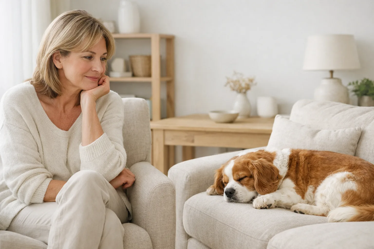 femme pensive regarde son chien en surpoids endormi sur canapé intérieur lumineux