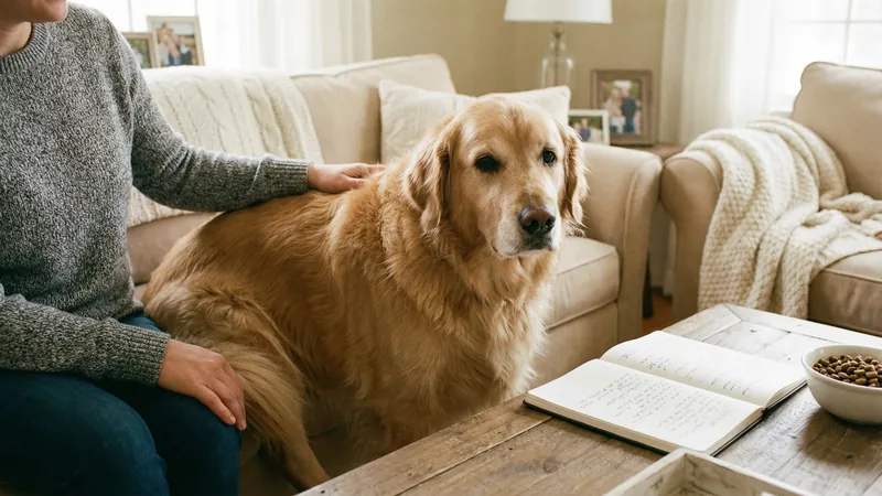 Golden retriever adulte légèrement en surpoids sur un canapé beige avec une main bienveillante