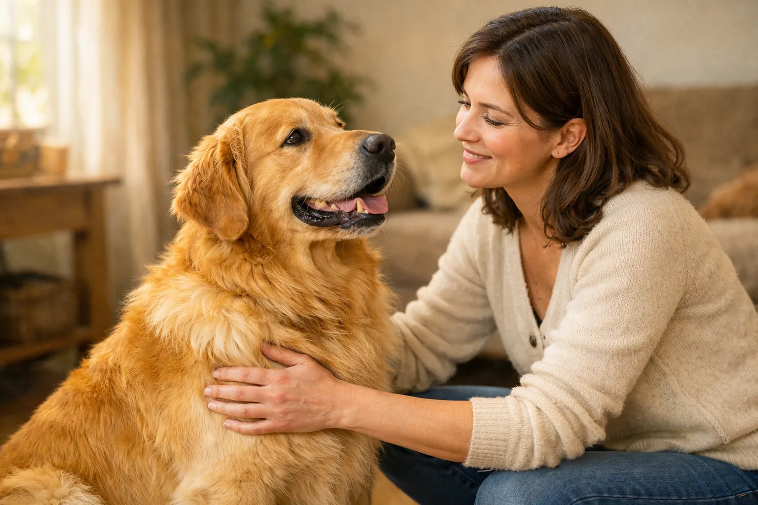 Propriétaire palpant les côtes d'un golden retriever pour évaluer son poids, ambiance intérieure douce et rassurante